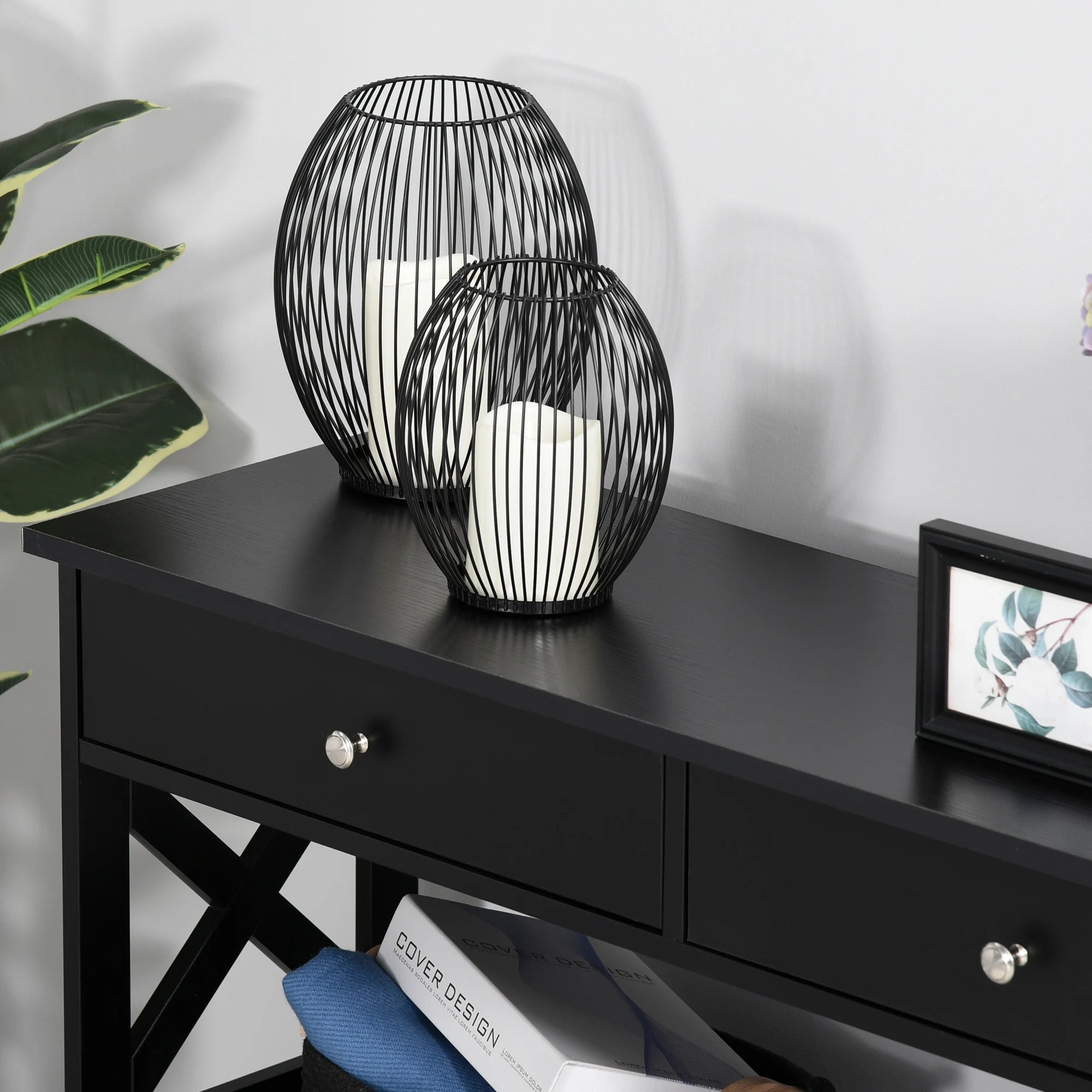 HOMCOM Console Table Side Desk Shelves Drawers Open Top X Support Hallway Black