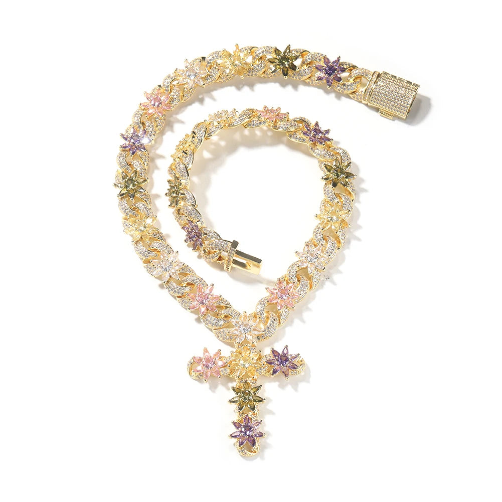 Colorful Flower Cuban Chain - Full Paved Iced Out Baguette CZ Hip Hop Necklace | AlluCanFind