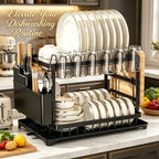2-Tier Kitchen Countertop Dish Drying Rack – Metal Dish Drainer with Drip Tray, Multifunctional Bowl & Chopsticks Storage Rack
