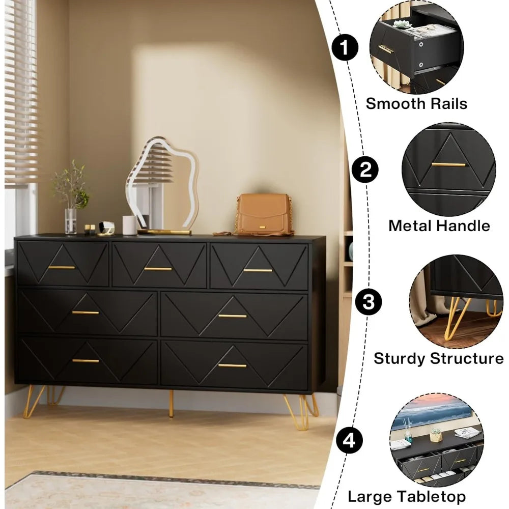 Dresser for Bedroom, 7 Drawer Black Wooden Dresser with Gold Handles, Modern Storage Dressers & Chests of Drawers for Hallway,