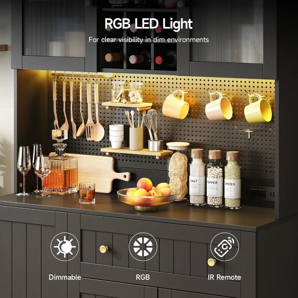 71" Kitchen Pantry Cabinet with Microwave Shelf & Door Shelves, Kitchen Hutch with Outlet & LED Light, Wood Pantry Storage