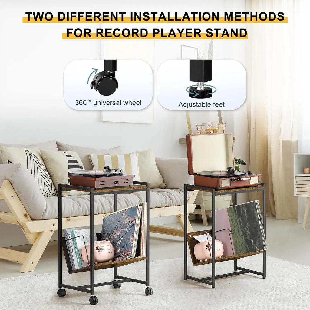 Record player stand, turntable stand with wheels, bedside table, record player table with album storage rack