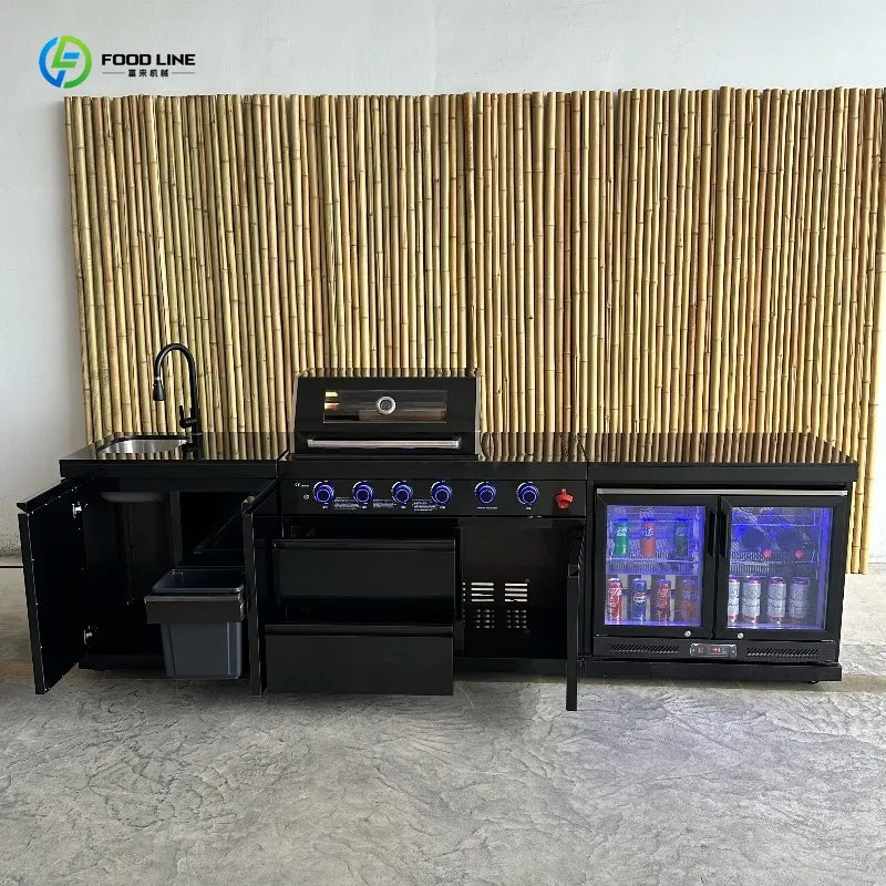 Customized Outdoor Kitchen Stainless Steel BBQ Grill With Sink Refrigerator For Backyard
