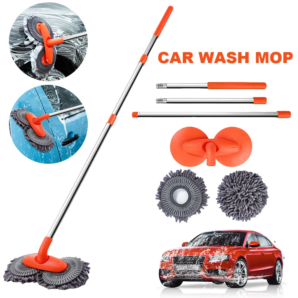 Foam Washing Chenille Broom 360 Rotation Car Wash Brush Double Brush Head Stretching Handle Telescopic Mop Auto Care Accessories