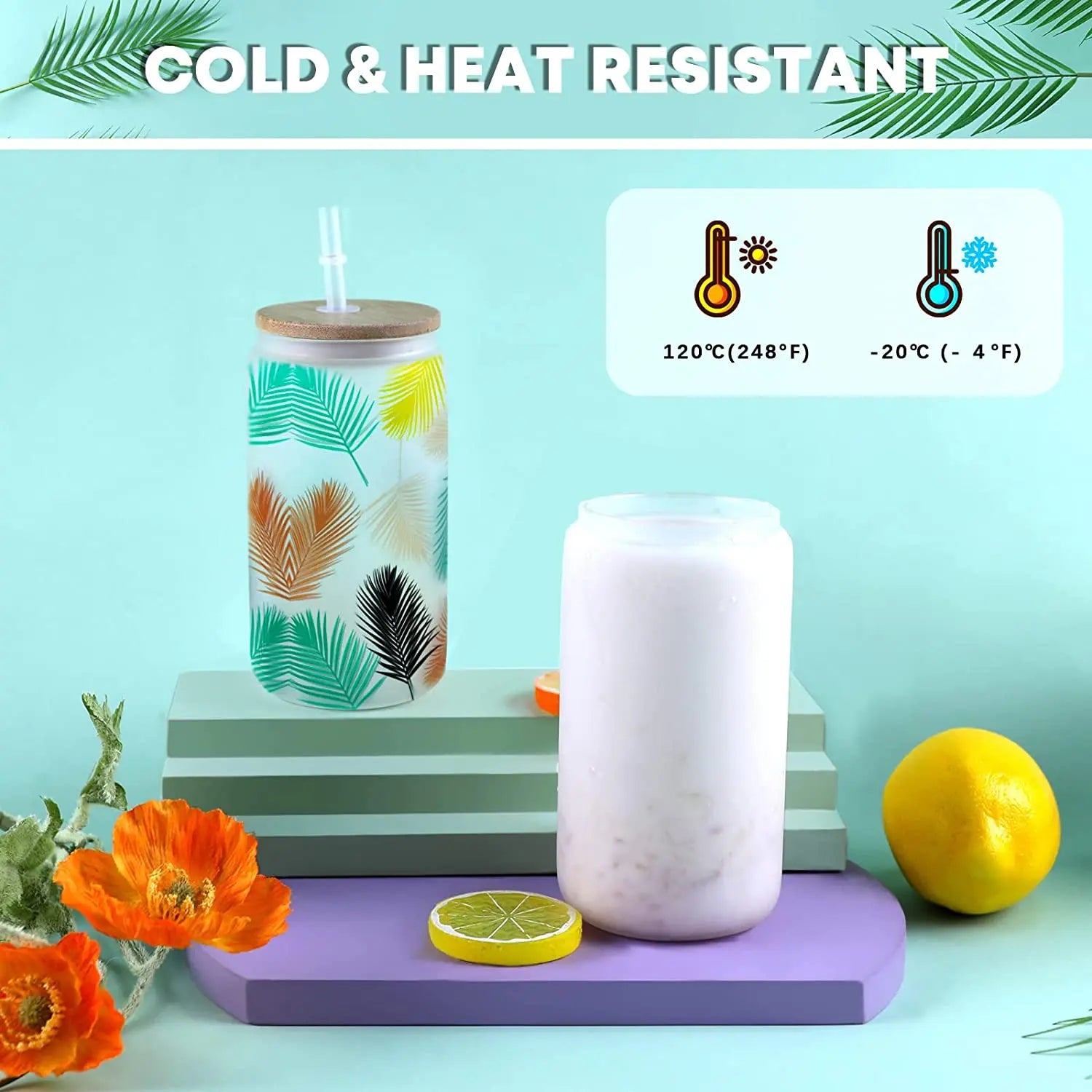 HTVRONT 4/8 Pack 16OZ Clear/Frosted Glass Sublimation Tumblers with Bamboo Lid Sublimate Tumbler Blanks DIY for Iced Coffee Cups