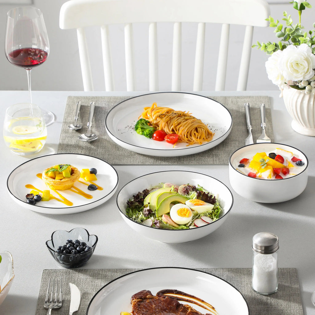 MALACASA 24/48Piece Ceramic Plates Black Rim Porcelain Dinnerware Set  6/12 Pcs Dinner/Soup/Dessert Plates/Bowl Service for 6/12