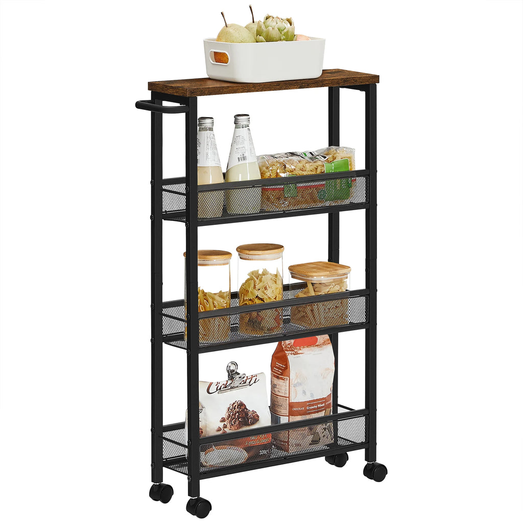 VASAGLE 4-Shelf Trolley, Space-Saving Kitchen Cart with Wheels, Steel Frame, Handle, Trolley for Small Spaces, Kitchen Bathroom