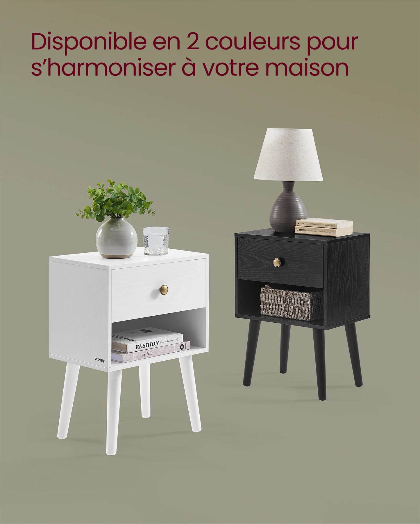 VASAGLE Bedside Table, Side Table with Storage Drawer and Open Shelf, Solid Wood Legs, End Table for Living Room, for Bedroom