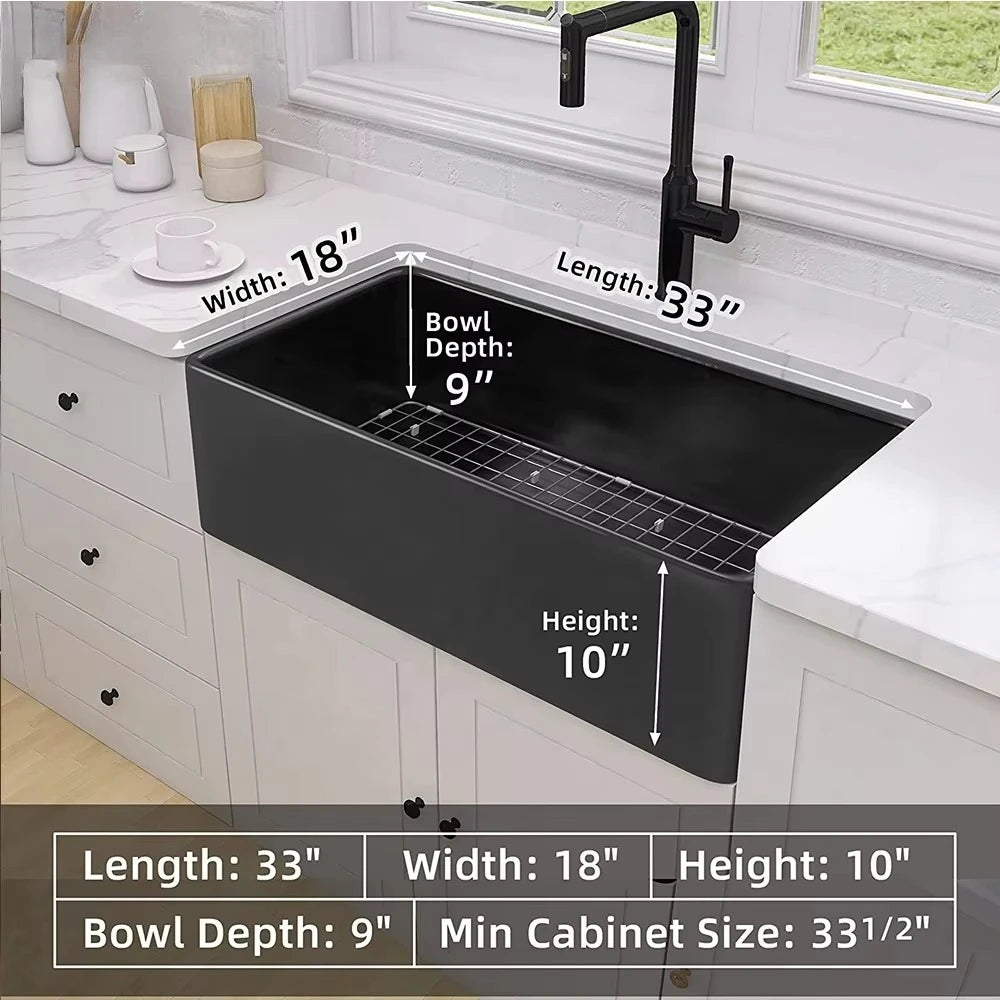 Luxury Kitchen Cabinets American Style 33 Inch Single Blow Ceramic Basin and Sink Modern Semi-Recessed Black Kitchen Sink