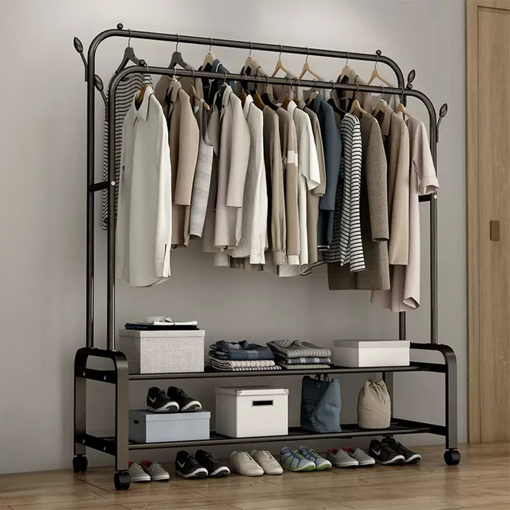 【Breeins】Double-Rod Clothes Rack with Wheels Storage Organizer Clothes Shelf Tidy Home Decoration