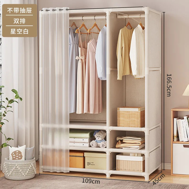 2024 New Wardrobe Household Bedroom Assembly Dustproof Wardrobe Rental Room With Drawer Storage Folding Simple Clothes Organizer