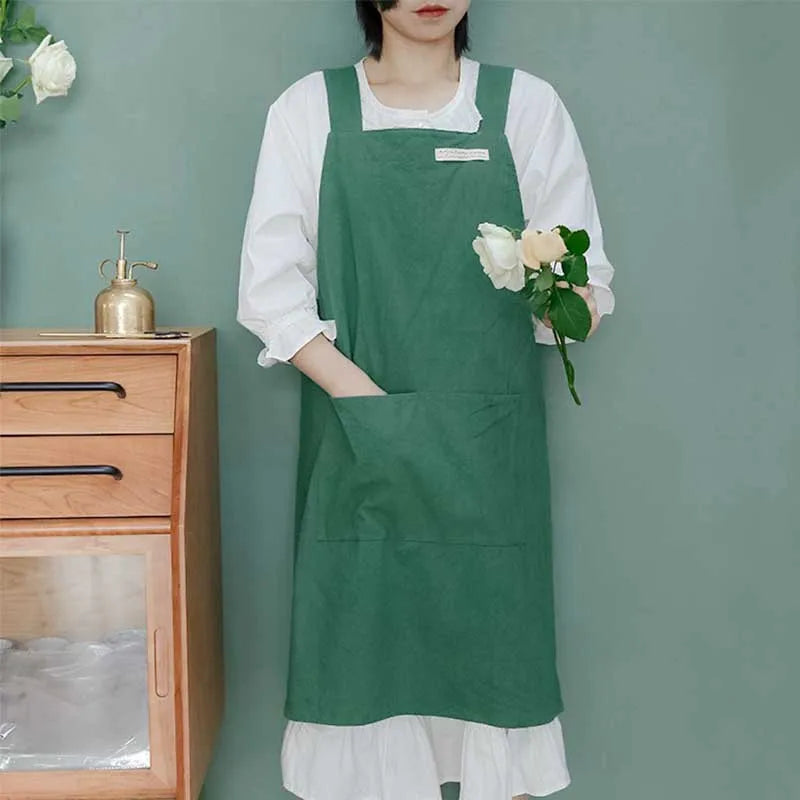 Stain-resistant Cotton Linen Cross-back Kitchen Apron With Pocket Plain Women's Pinafore For Cooking Cleaning Gardening Baking