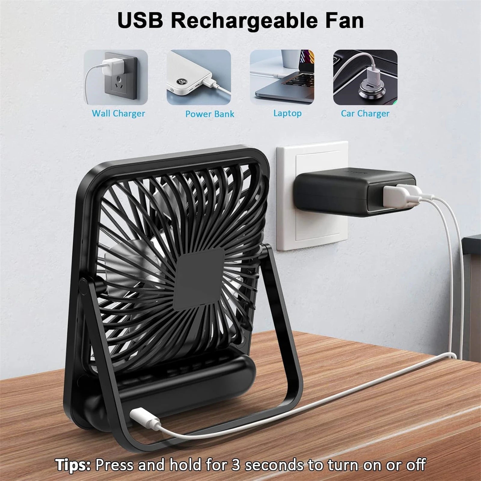 Desk Fan, Portable USB Rechargeable Fan, 180° Tilt Folding Personal Fa
