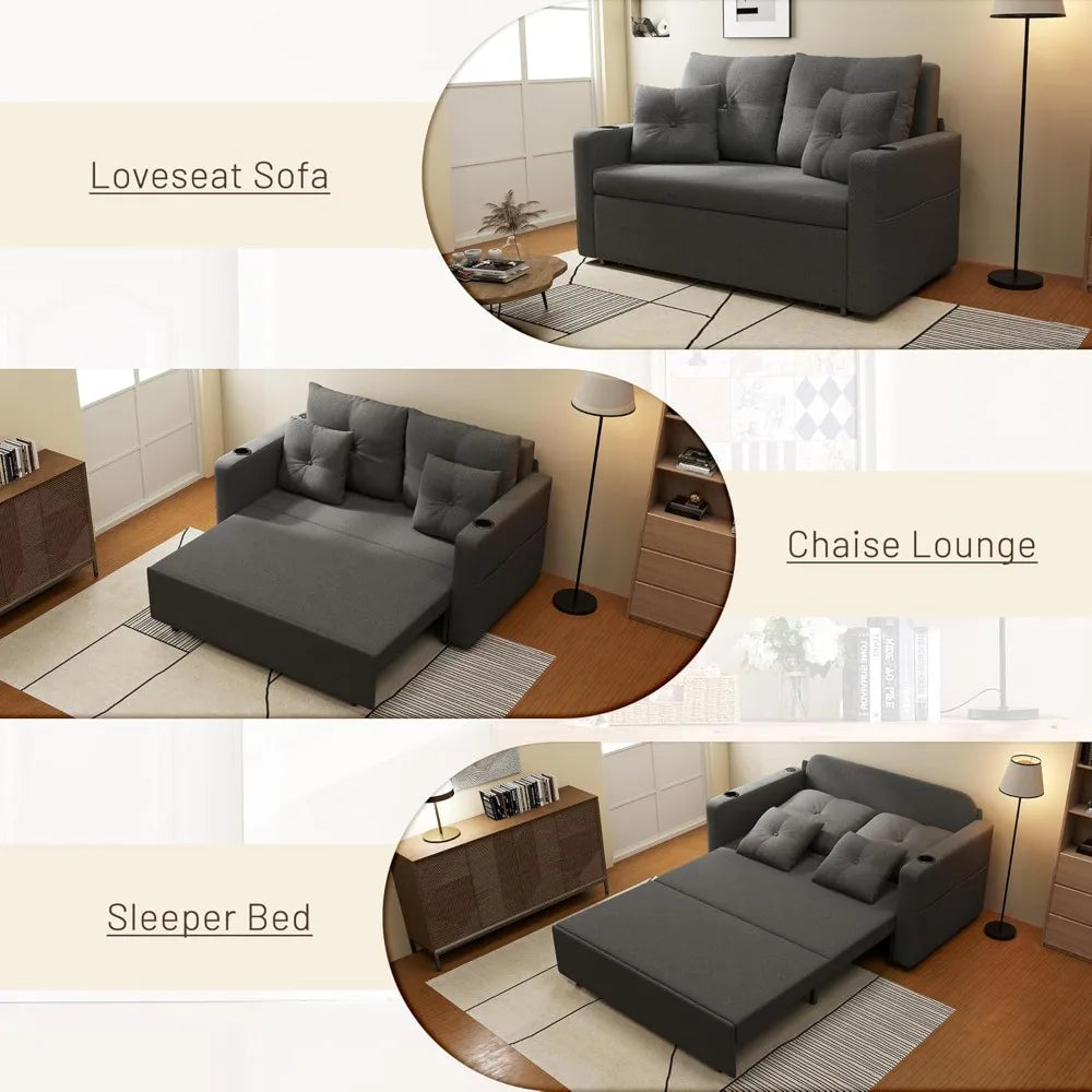 3-in-1 56" Convertible Sofa Bed: Loveseat Sleeper with Cup Holders, USB – Living Room, Bedroom, Apartment