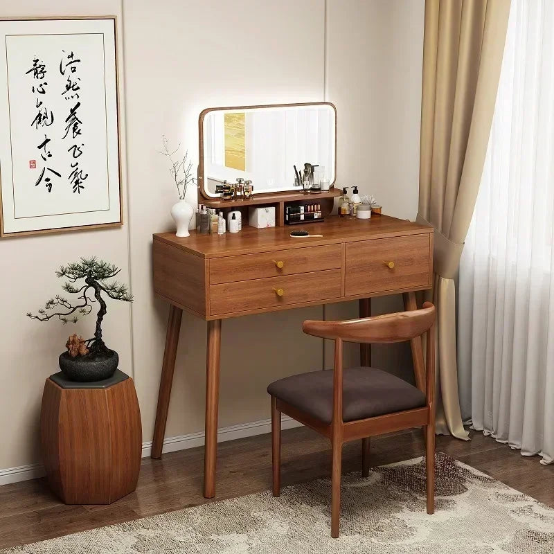 Minimalist Retro Dressers for Bedroom Walnut Color Dressing Tables with Mirror Chair Makeup Dresser Vanity Bedroom Furniture2025