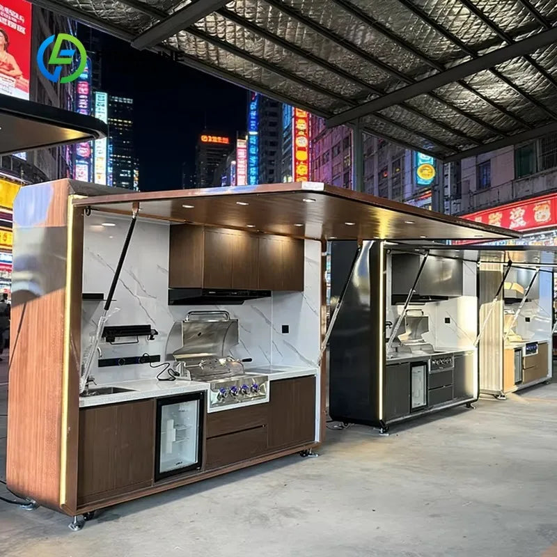 Customized 2.9m Outdoor Mobile Kitchen Cabinet BBQ Island Cabinets Multi Function Backyard Party Catering Equipment