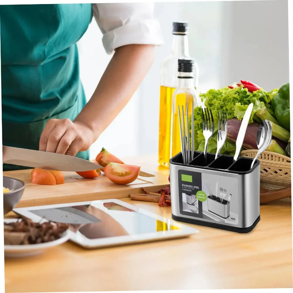 Kitchen Utensils Holder Stainless Steel Cutlery Holder with Draining Hole Anti-Slip Rustproof Cutlery Caddy for Spoons Forks