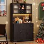 71" Kitchen Pantry Cabinet with Microwave Shelf & Door Shelves, Kitchen Hutch with Outlet & LED Light, Wood Pantry Storage