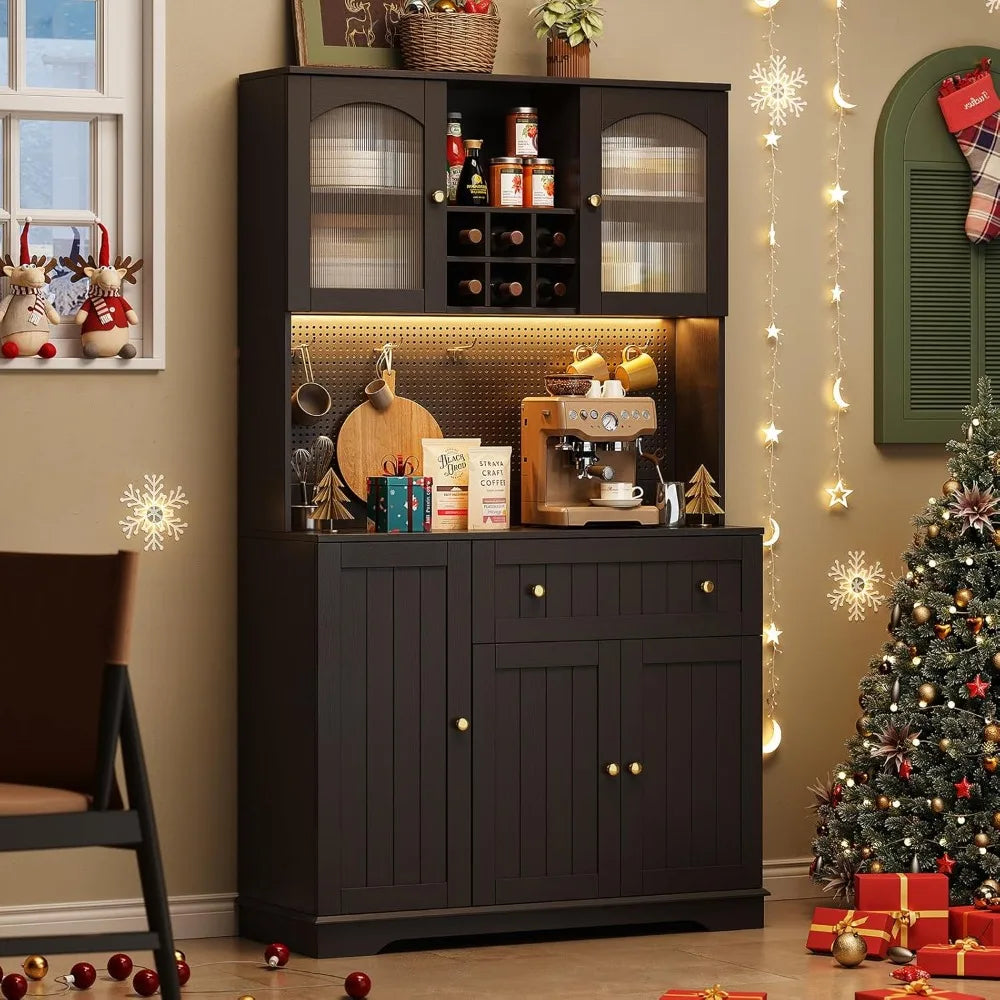 71" Kitchen Pantry Cabinet with Microwave Shelf & Door Shelves, Kitchen Hutch with Outlet & LED Light, Wood Pantry Storage