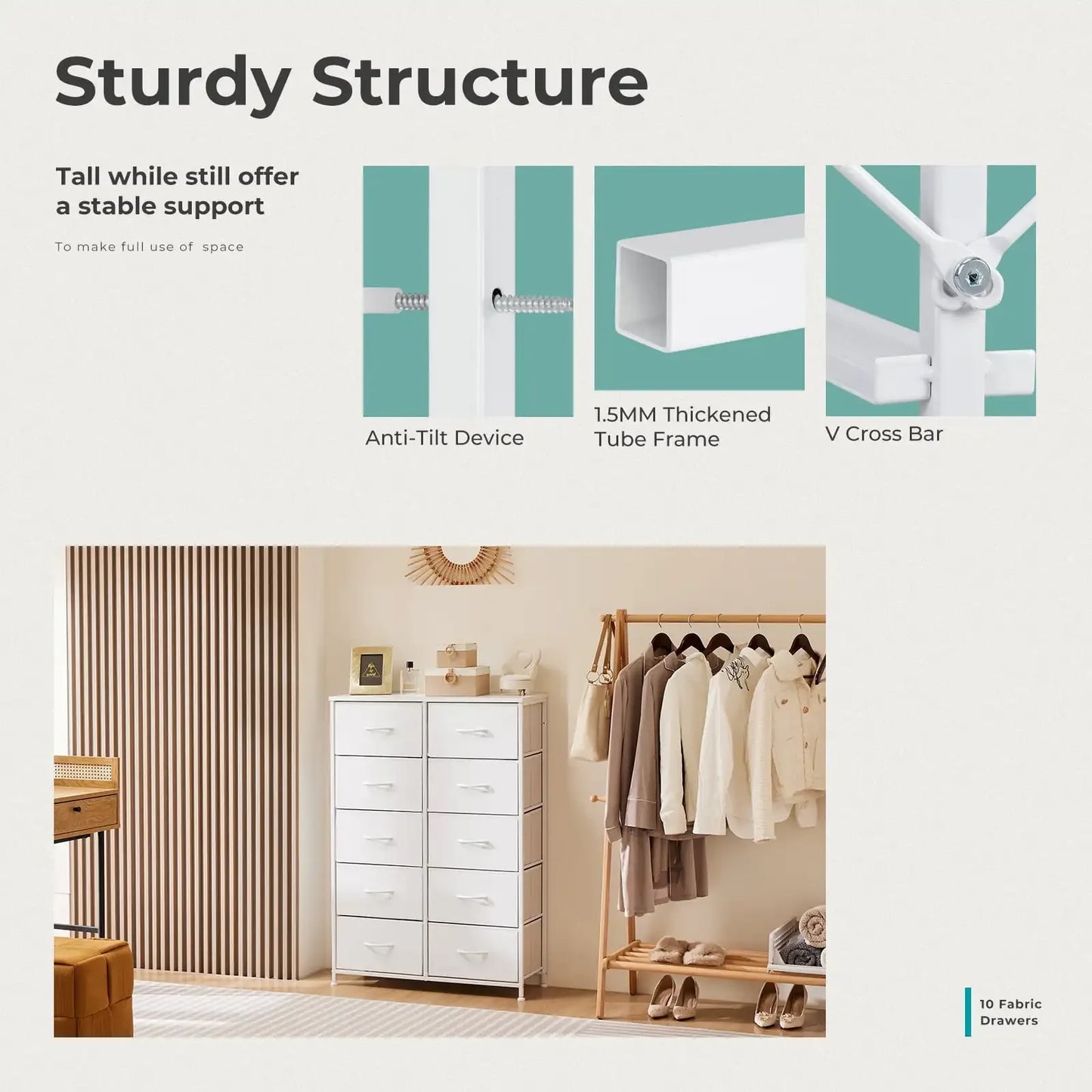 10 Drawer Dresser for Bedroom, Tall Chest Organizer with Fabric Bins, Steel Frame, White
