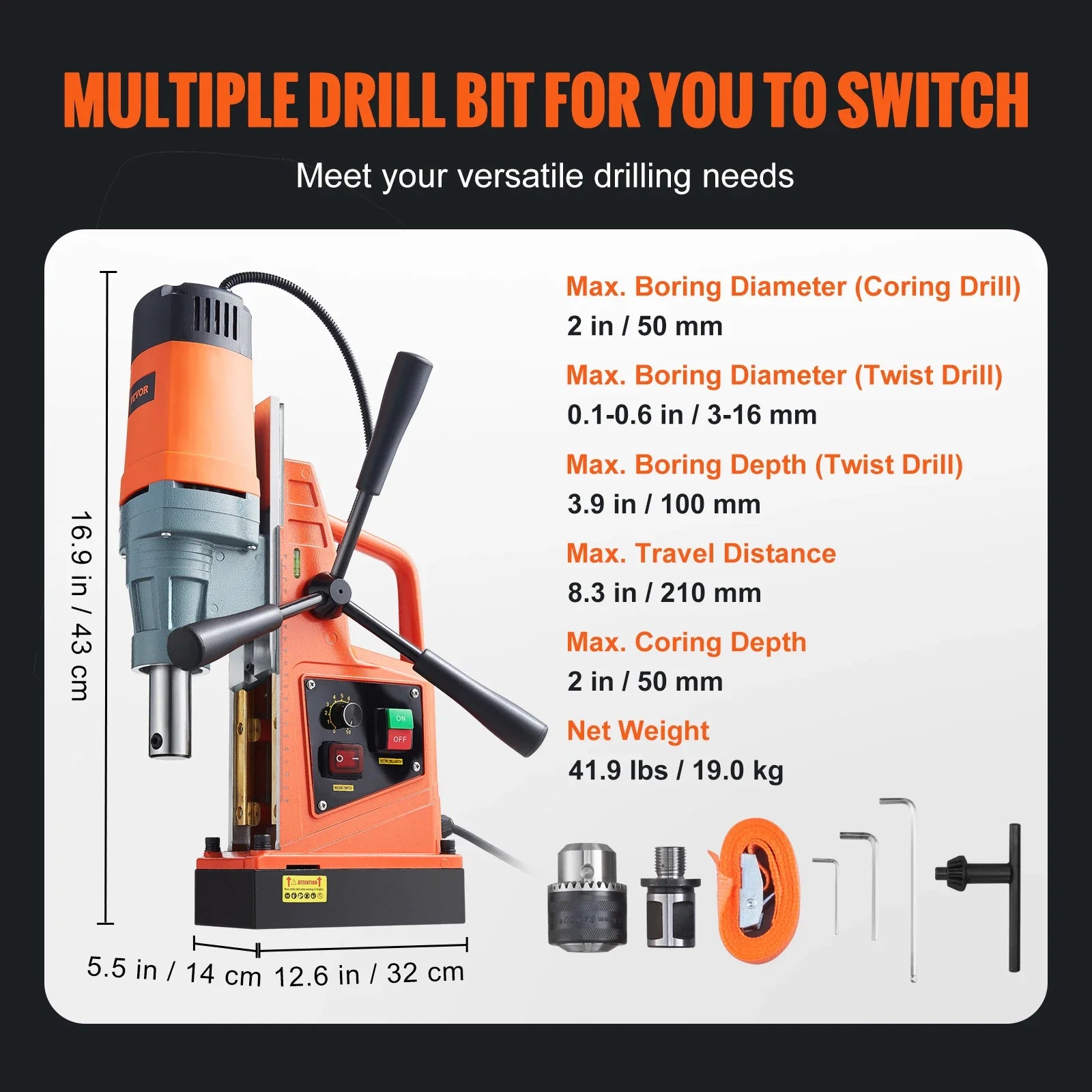 VEVOR 1300W 1400W 2" Electric Drilling Machine Magnetic Drill Press Boring Diameter Power Drill 810 PRM 1-second Release Drill