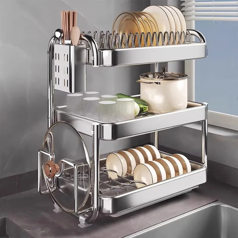 Stainless Steel Dish Rack Heavy Duty Compact Kitchen Sink Organizer with Drainage Tray Drying Rack for Plates Cups And Cutlery