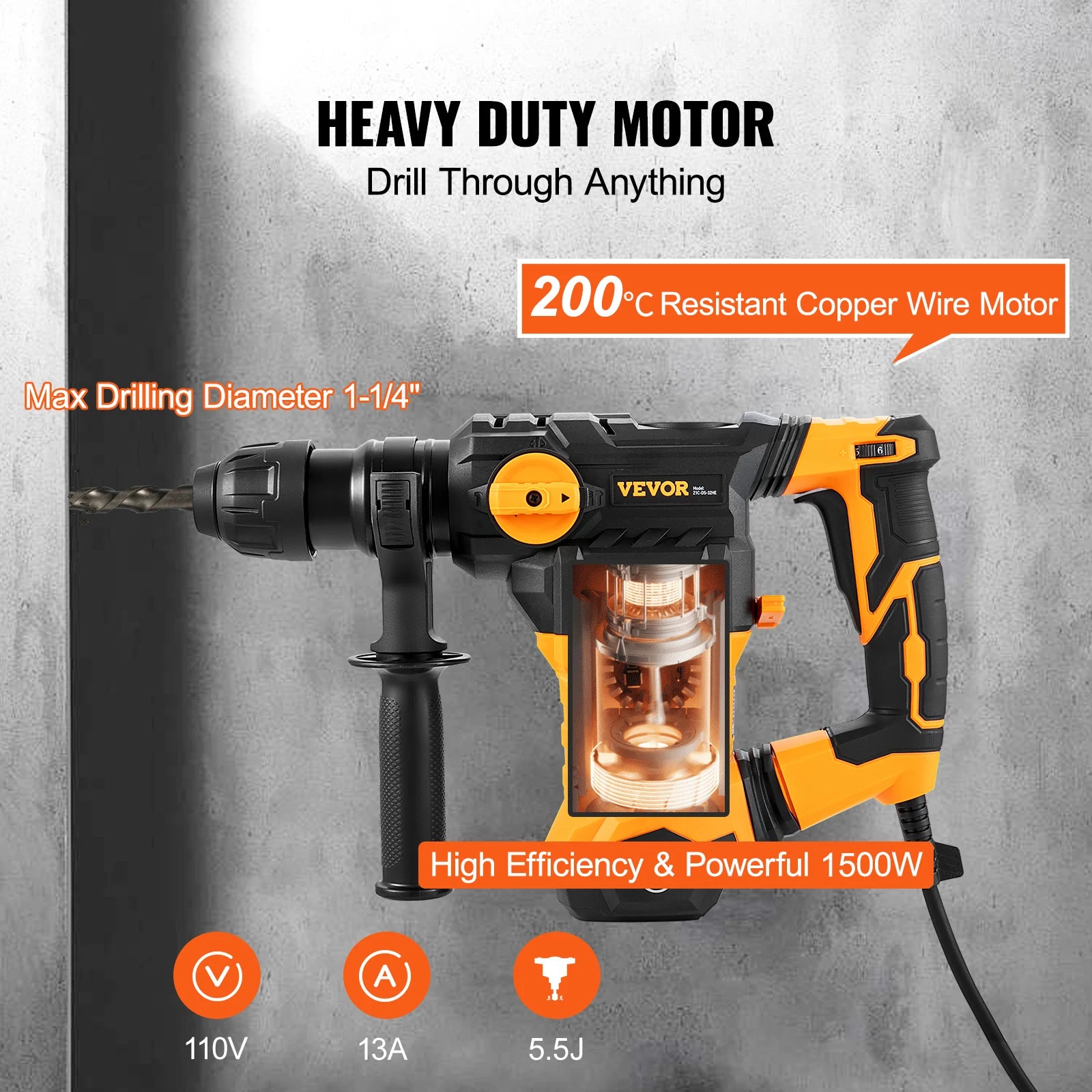 VEVOR 1500W Rotary Hammer Drill - 4-Mode SDS-Plus Corded Demolition Jackhammer | AlluCanFind