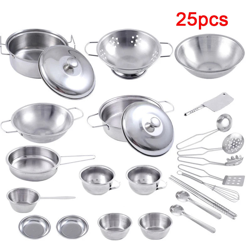 25Pcs Children Stainless Steel Pretend Play Food Kitchen Cookware Set Toy Mini Cooking Game Pot  Shovel Tinplate Kid Kitchen Toy