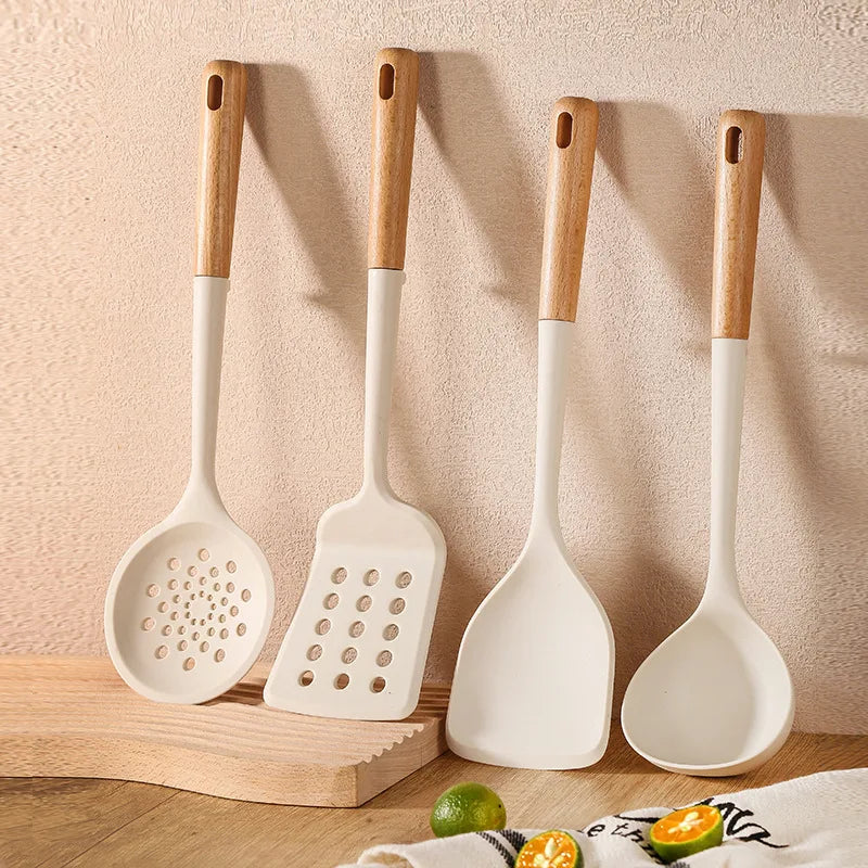 New Silicone Kitchen Cooking Utensils Set Durable Hardwood Handle Heat Resistant Tool Non-stick Turner Slotted Spoon Spatula Kit