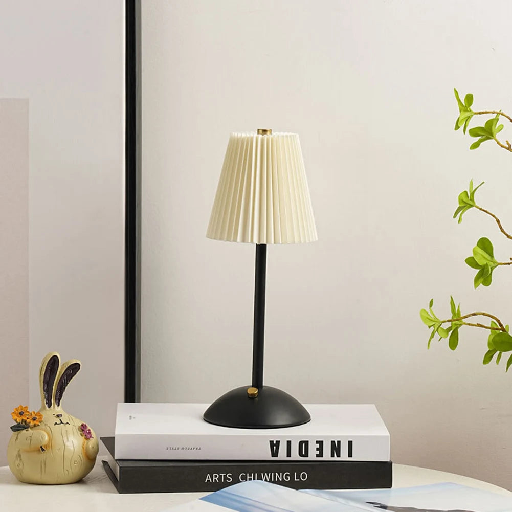 Pleated Shade Nightstand Lamp with Metal Base Nordic Creative Lamps Rechargeable 3 Colors Dimmable for Living Room Bedroom