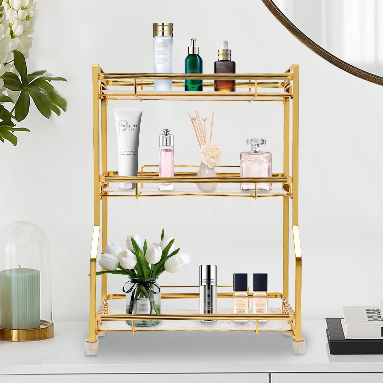 3 Tier Bathroom Countertop Organizer, Gold Bathroom Vanity Counter Organizer with Small Storage Basket for Skincare Makeup
