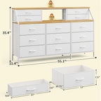 55" W White Dresser for Bedroom, Dressers & Chests of Drawers with 13 Fabric Drawers and 2 Open Shelves, White Dresser