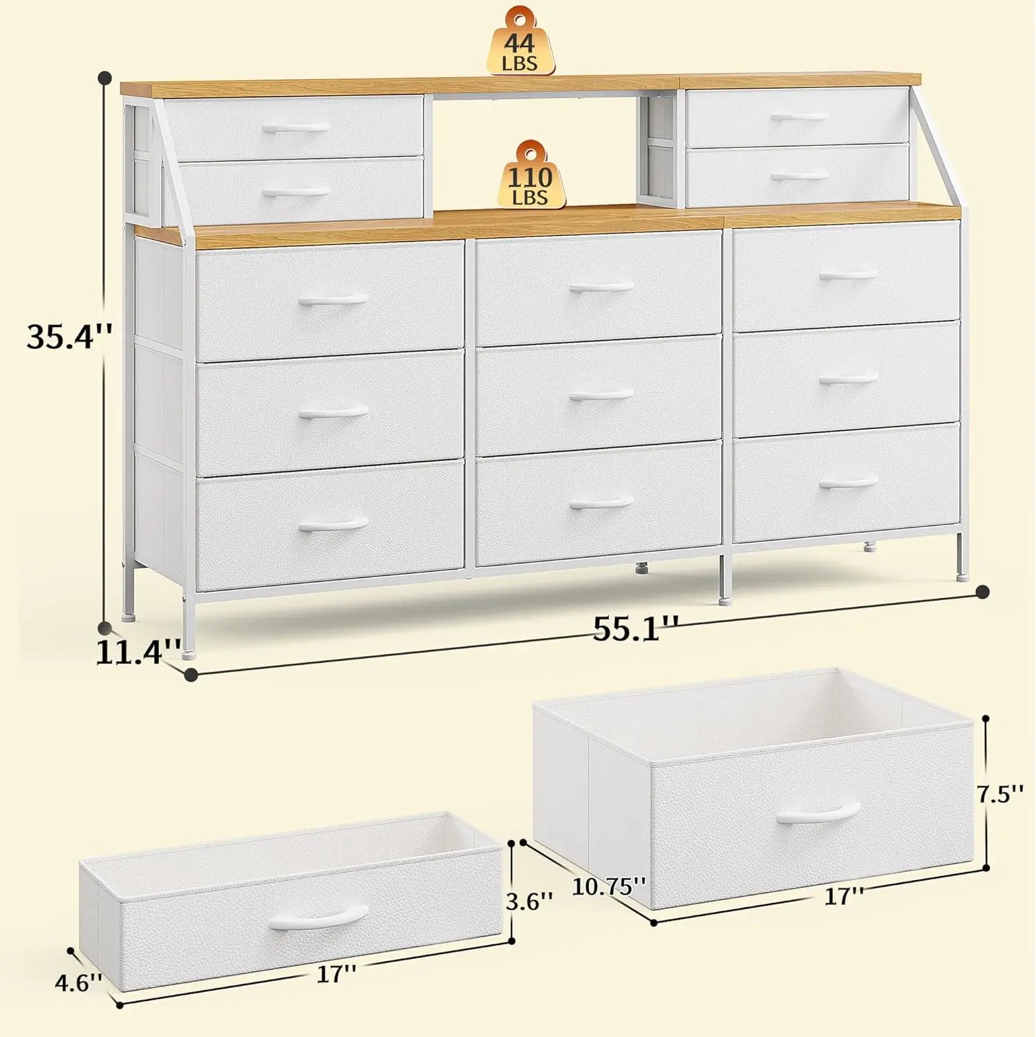 55" W White Dresser for Bedroom, Dressers & Chests of Drawers with 13 Fabric Drawers and 2 Open Shelves, White Dresser