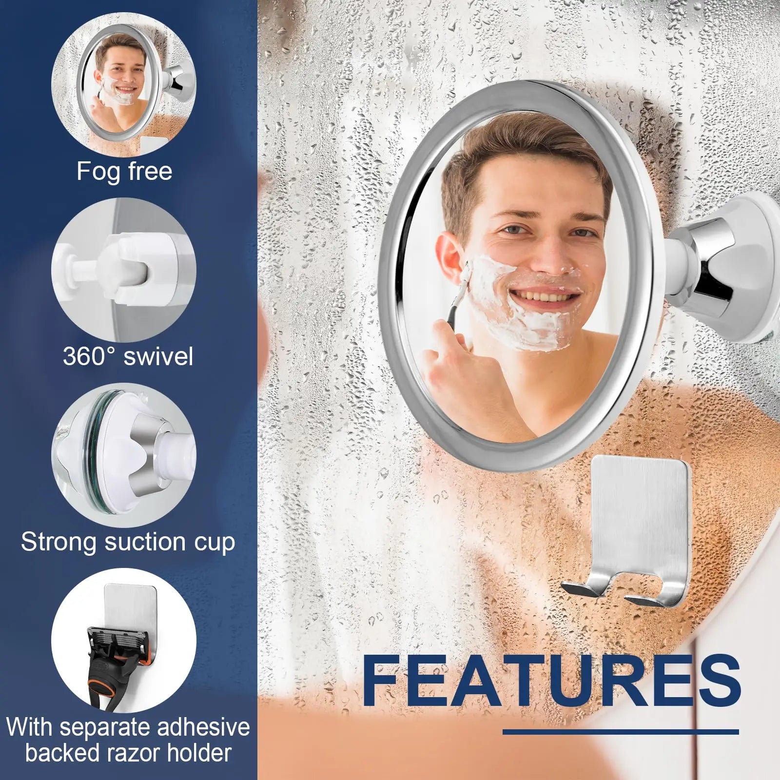 360° Rotatable Shower Mirror Bathroom Fogless Makeup Mirror With Holder Suction Cup Anti-Fog Mirror for Shaving Makeup Showering