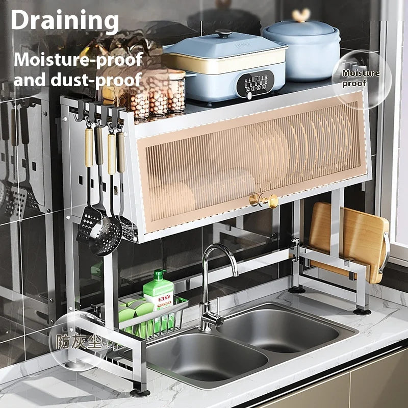 Multifunctional Stainless Steel Kitchen Sink Rack Double Dust-proof Table Top Dishes Storage Cabinet Household Drain Rack Tool