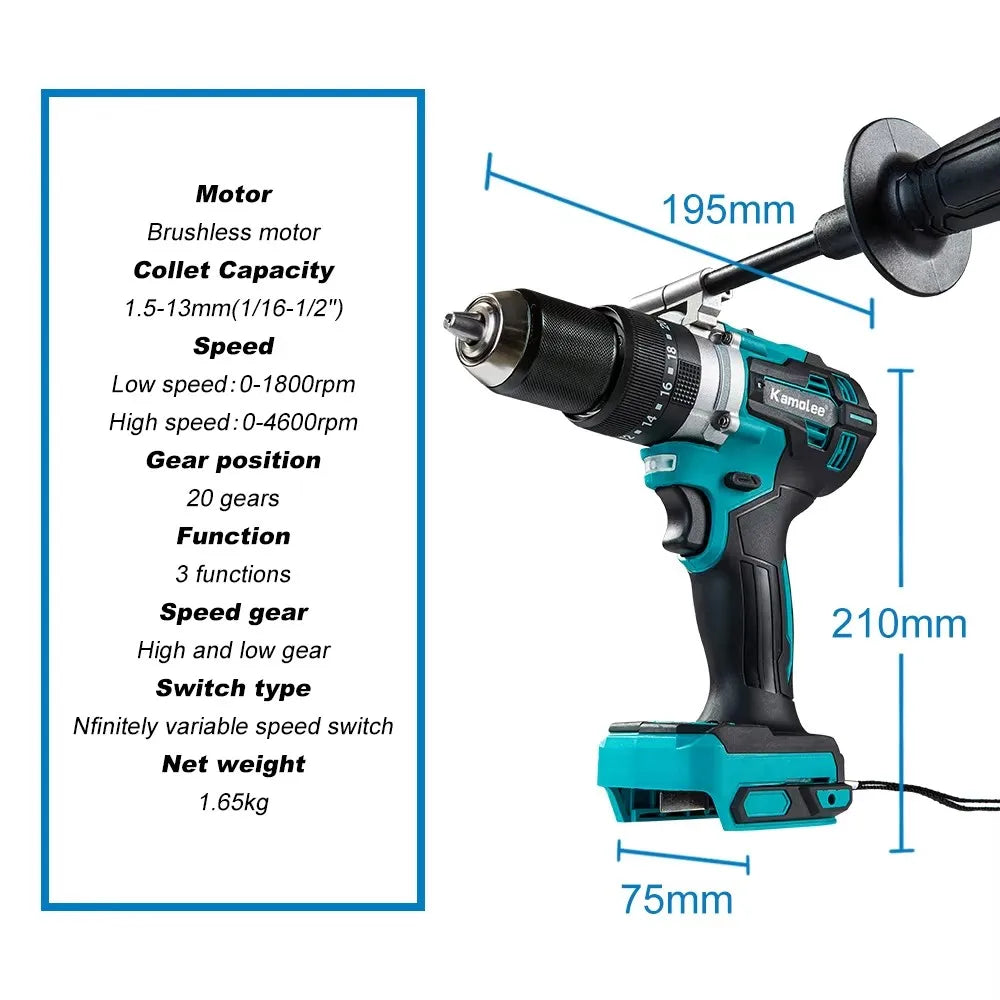 Kamolee 650N.m High Torque Brushless Electric Impact Drill 3-in-1 18V-21V Battery 13mm Handheld Cordless Screwdriver Tool Set