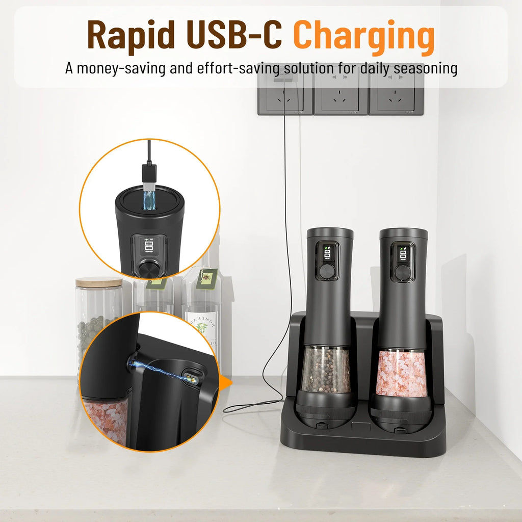 Electric Automatic Pepper and Salt Grinder Set with Rechargeable Base LED Electricity Indicator Adjustable Coarseness Kitchen