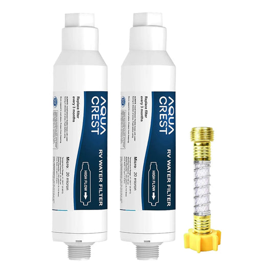 AQUA CREST RV Inline Hose Water Filter, Garden and Camper, NSF Certified, Greatly Reduces Chlorine, Bad Taste, Odor, 2 Pack