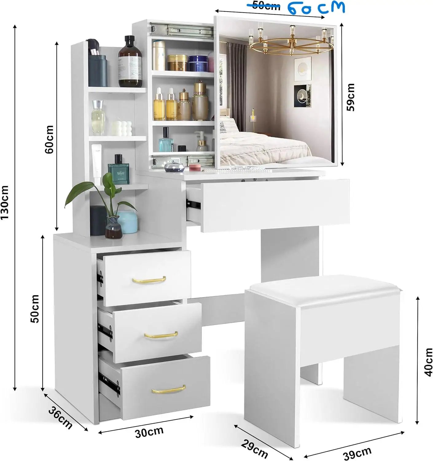 Vanity Desk with Mirror and Led Lights, Makeup Vanity Desk with Sliding Lighted Mirror, Dressing Table Storage for Bedroom