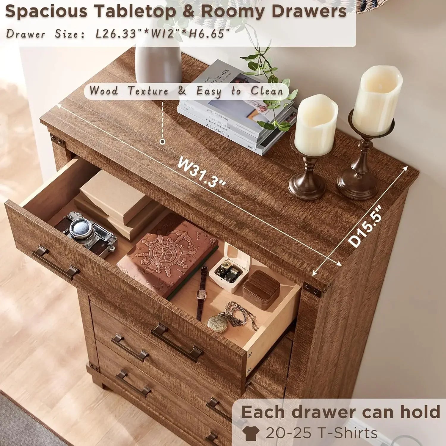 Farmhouse 5 Drawers Dresser for Bedroom, Tall Chest of Drawers with Thick Plank Styling, Wood Rustic Closet Dresser for Bedroom