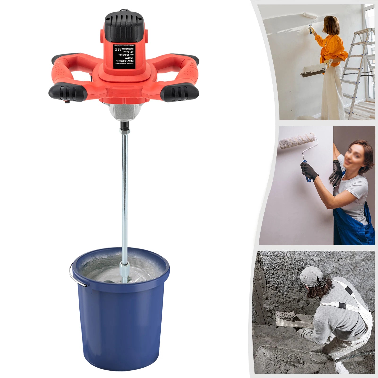 1500W Electric Concrete Mixer Machine Highly Resistant  Handheld Cement Mortar Plaster Mixer 6-Speed Adjustment 930rmp