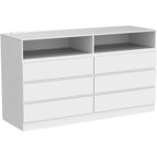 6 Drawer Double Dresser with Power Outlet, Accent Chests of Drawers with LED Light, Modern White Storage Dresser with Charging S