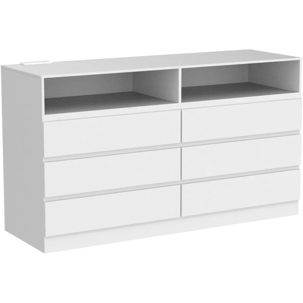 6 Drawer Double Dresser with Power Outlet, Accent Chests of Drawers with LED Light, Modern White Storage Dresser with Charging S