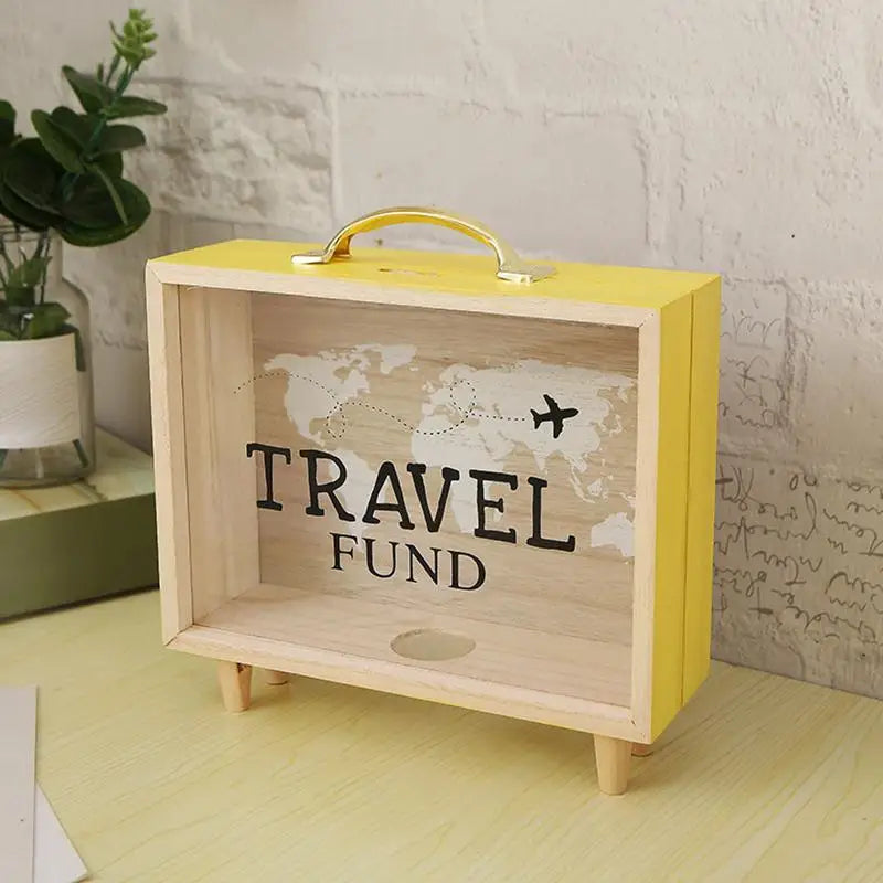 Money Saving Jar Travel Fund Piggy Bank Wooden Suitcase Bank Counting Money Jar Funny Money Bank Desktop Decor Ticket ShadowBox