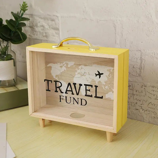 Money Saving Jar Travel Fund Piggy Bank Wooden Suitcase Bank Counting Money Jar Funny Money Bank Desktop Decor Ticket ShadowBox