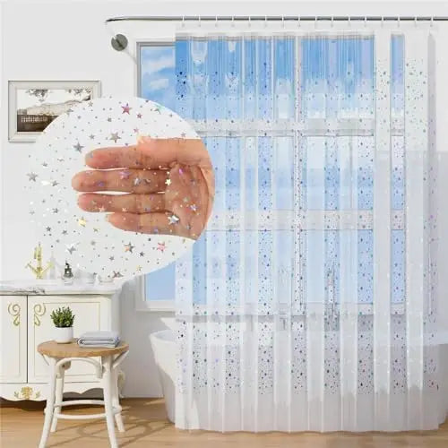 Star Printed Shower Curtain Liner 72Wx72H Inch PEVA Premium Light Weight Iridescent Star Glitter Water Repellent Transparent