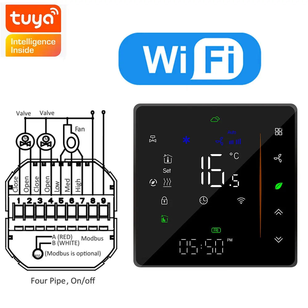 Zigbee & Wi-Fi & MODBUS TUYA Thermostat for Fan Coil Unit, 2P/4P, Cooling/Heating Function,RS485 95-240V, Smart HVAC Control