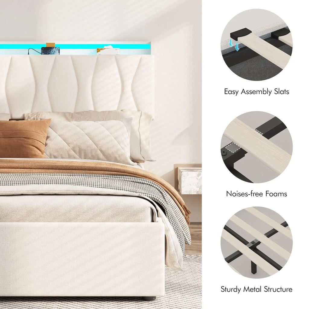 Vabches Lift Up Queen Bed Frame with Storage Headboard Upholstered Platform Bed Frame with Power Outlet&LED Lights No Box Spring