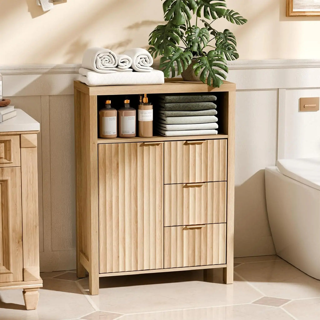 Fluted Bathroom Floor Storage Cabinet with Fluted Door 3 Drawers,Modern 12 Inch Deep Short Bathroom Storage Cabinet Organizer