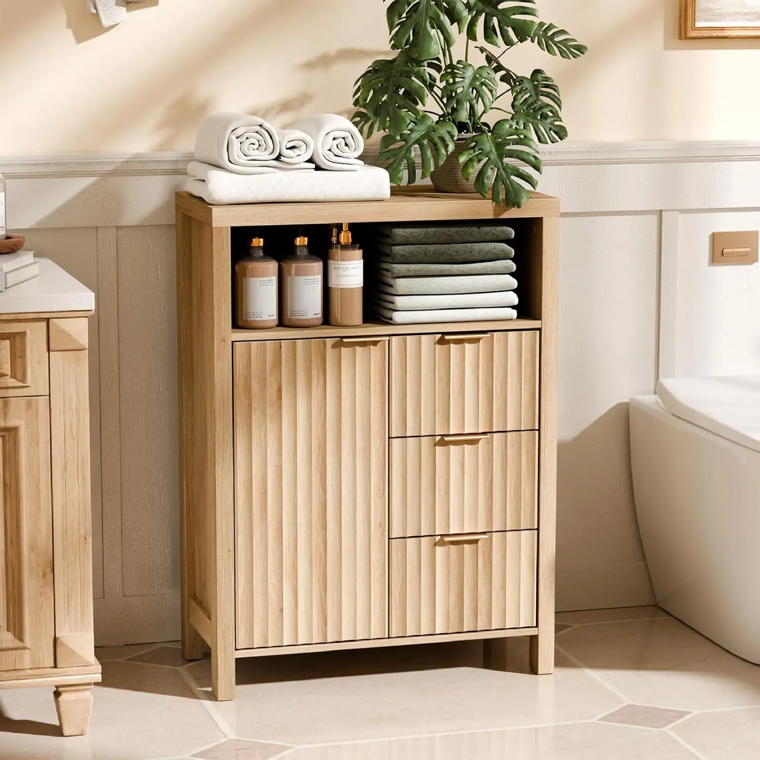 Fluted Bathroom Floor Storage Cabinet with Fluted Door 3 Drawers,Modern 12 Inch Deep Short Bathroom Storage Cabinet Organizer